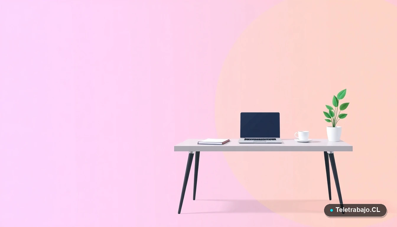 Escritorio moderno minimalista para teletrabajo, con laptop, taza de café y planta, sobre fondo con gradiente lavanda. Concepto de espacio de trabajo productivo y con propósito.