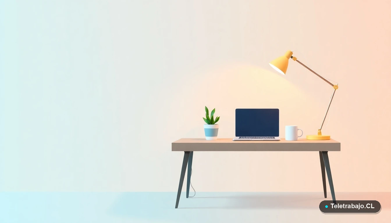 Escritorio moderno minimalista para home office con laptop, lámpara de escritorio ajustable, planta y taza de café, ilustración vectorial plana con fondo degradado.