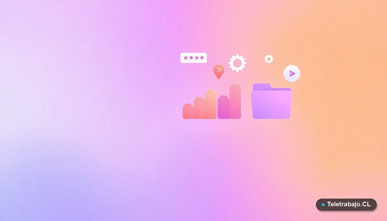 Composición abstracta de interfaz de usuario con gráficos flotantes, un engranaje y carpetas minimalistas en colores lavanda y durazno, sobre fondo degradado.