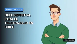 Ilustración vectorial plana de un trabajador remoto hombre con suéter verde en videollamada, fondo degradado azul vacío.