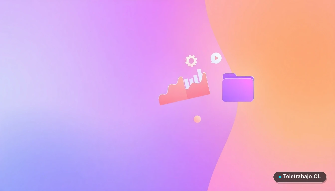 Elementos de interfaz de usuario abstractos y modernos, gráficos y engranajes flotantes en tonos lavanda y durazno.