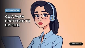 Ilustración plana corporativa de una mujer profesional chilena con blusa azul, expresión pensativa, sobre fondo degradado azul y gris. Representa la incertidumbre laboral y la adaptación profesional.