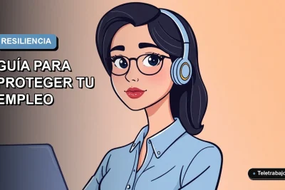 Ilustración plana corporativa de una mujer profesional chilena con blusa azul, expresión pensativa, sobre fondo degradado azul y gris. Representa la incertidumbre laboral y la adaptación profesional.