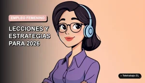 Ilustración plana corporativa de una mujer profesional chilena trabajando remotamente, con gráficos de crecimiento económico de fondo, representando la recuperación del empleo femenino post pandemia.