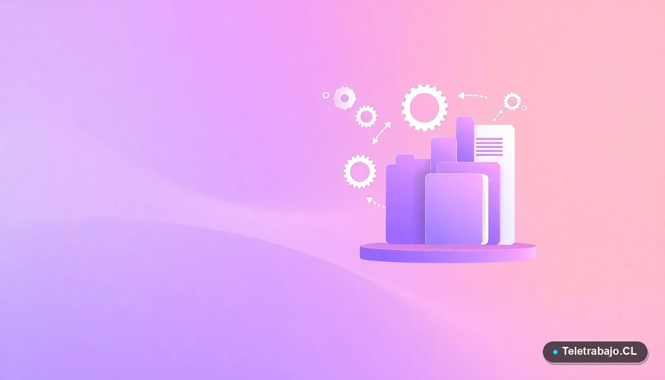 Composición abstracta de interfaz de usuario con gráficos, engranajes y carpetas flotantes en estilo vectorial plano, sobre un fondo degradado lila, simbolizando estrategias y datos para la planificación laboral.