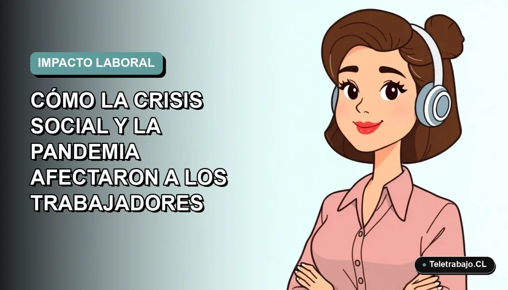 Ilustración vectorial plana de una trabajadora remota chilena, estilo Corporate Memphis, con fondo degradado azul verdoso. Representa el impacto laboral post pandemia.