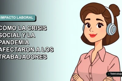 Ilustración vectorial plana de una trabajadora remota chilena, estilo Corporate Memphis, con fondo degradado azul verdoso. Representa el impacto laboral post pandemia.