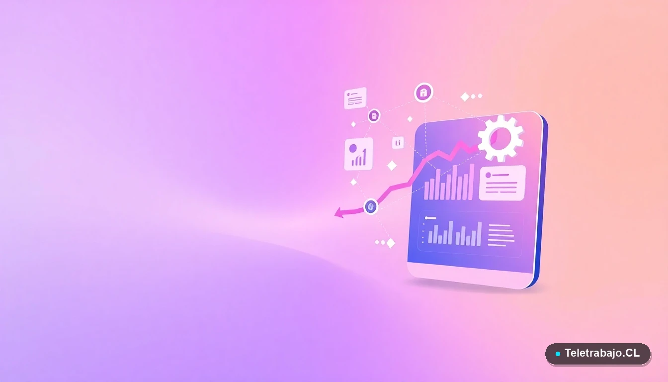 Composición abstracta de interfaz de usuario tecnológica con gráficos flotantes, estilo vectorial plano, sobre fondo degradado lila. Representa datos y análisis del impacto laboral.