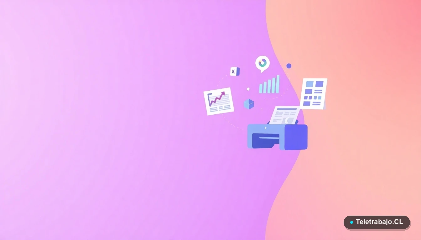 Interfaz abstracta con iconos de gráficos de Excel y una impresora, representando la configuración de impresión sin cortes