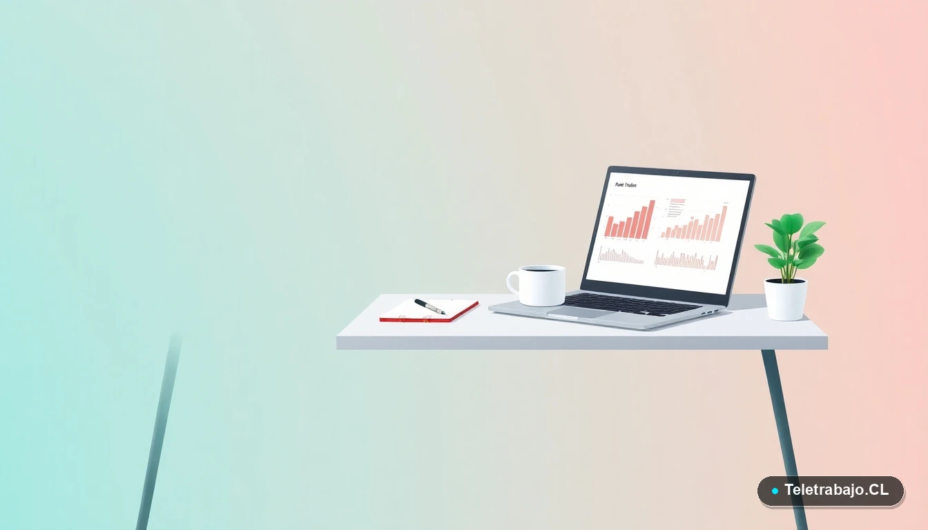 Escritorio moderno minimalista con laptop, gráficos abstractos, taza de café y planta. Fondo con degradado de color azul verdoso. Representa el espacio de trabajo ideal para estudiar cursos online.