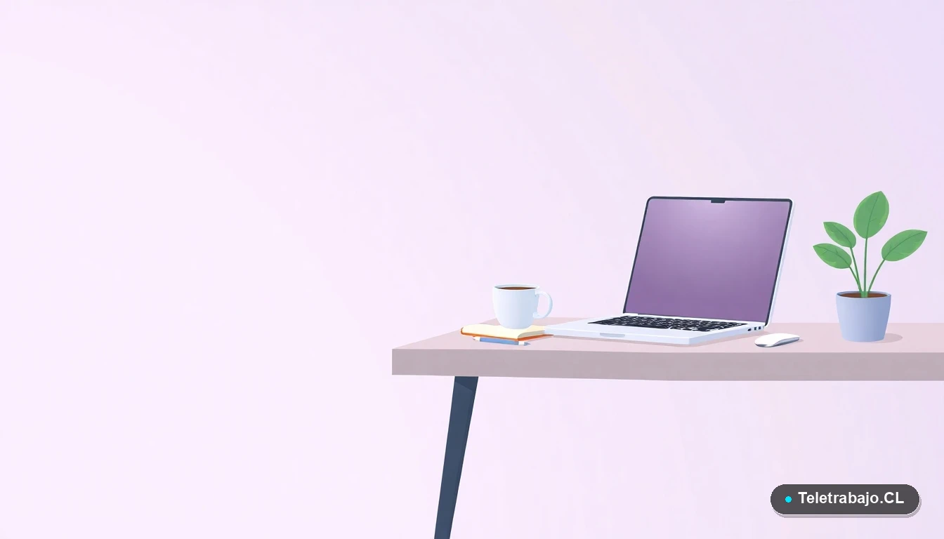 Escritorio moderno minimalista con laptop, cuaderno, taza de café y una planta suculenta, ilustración plana sobre fondo degradado lila.