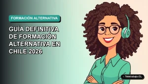 Ilustración plana de mujer profesional feliz sonriendo, con fondo degradado azul verdoso, representando éxito laboral sin título universitario.