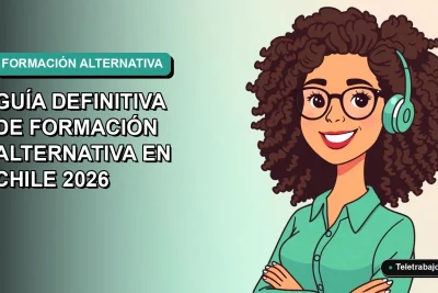 Ilustración plana de mujer profesional feliz sonriendo, con fondo degradado azul verdoso, representando éxito laboral sin título universitario.