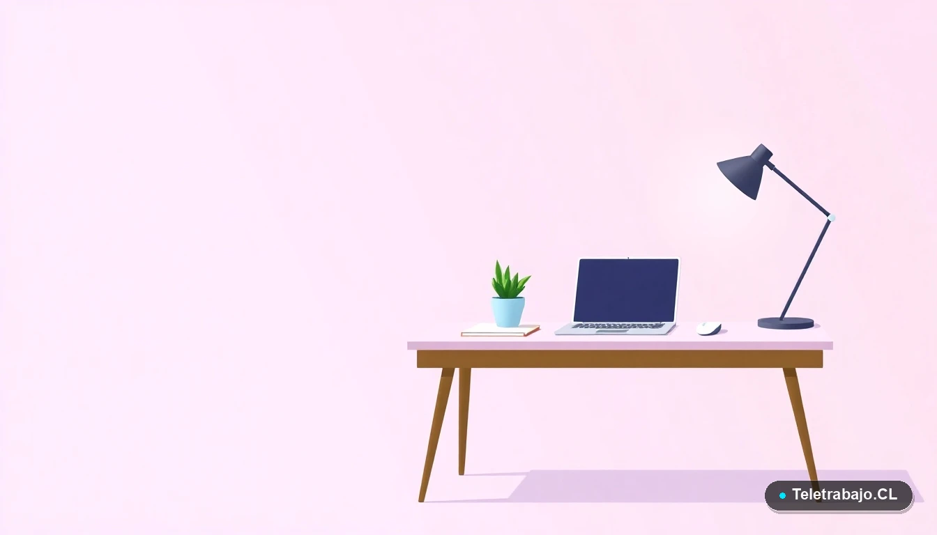 Escritorio moderno minimalista con laptop y planta, sobre fondo degradado lila, simbolizando espacio de trabajo y aprendizaje remoto.