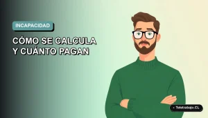 Ilustración plana vectorial de un trabajador masculino de oficina con suéter verde, sobre fondo degradado azul verdoso, representando la incapacidad laboral en Chile.