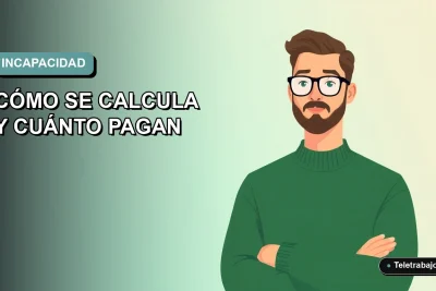 Ilustración plana vectorial de un trabajador masculino de oficina con suéter verde, sobre fondo degradado azul verdoso, representando la incapacidad laboral en Chile.