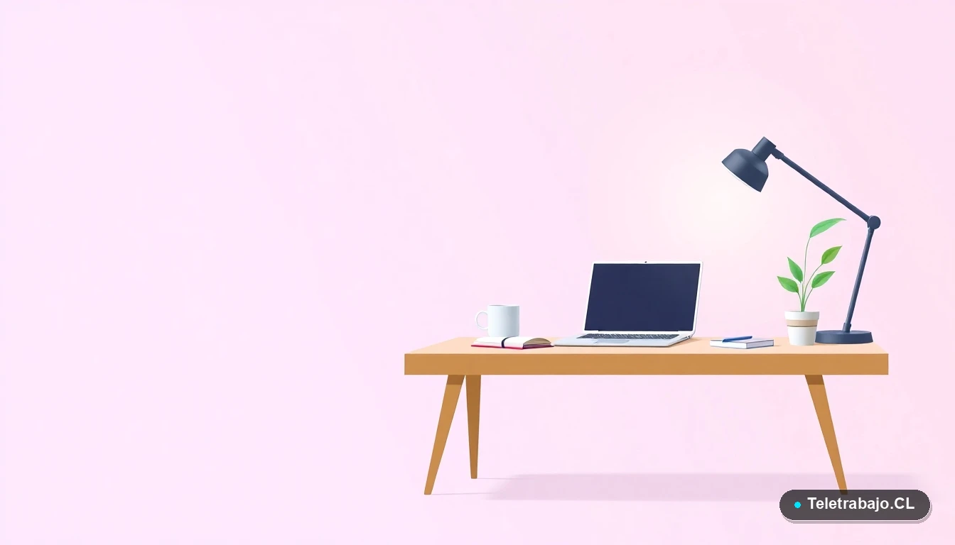 Escritorio moderno minimalista con laptop, cuaderno y taza de café sobre fondo degradado lila, concepto de teletrabajo y gestión laboral.