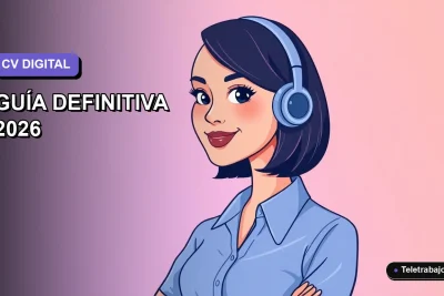Ilustración plana corporativa de una mujer profesional de teletrabajo con blusa azul, sobre fondo degradado lavanda.