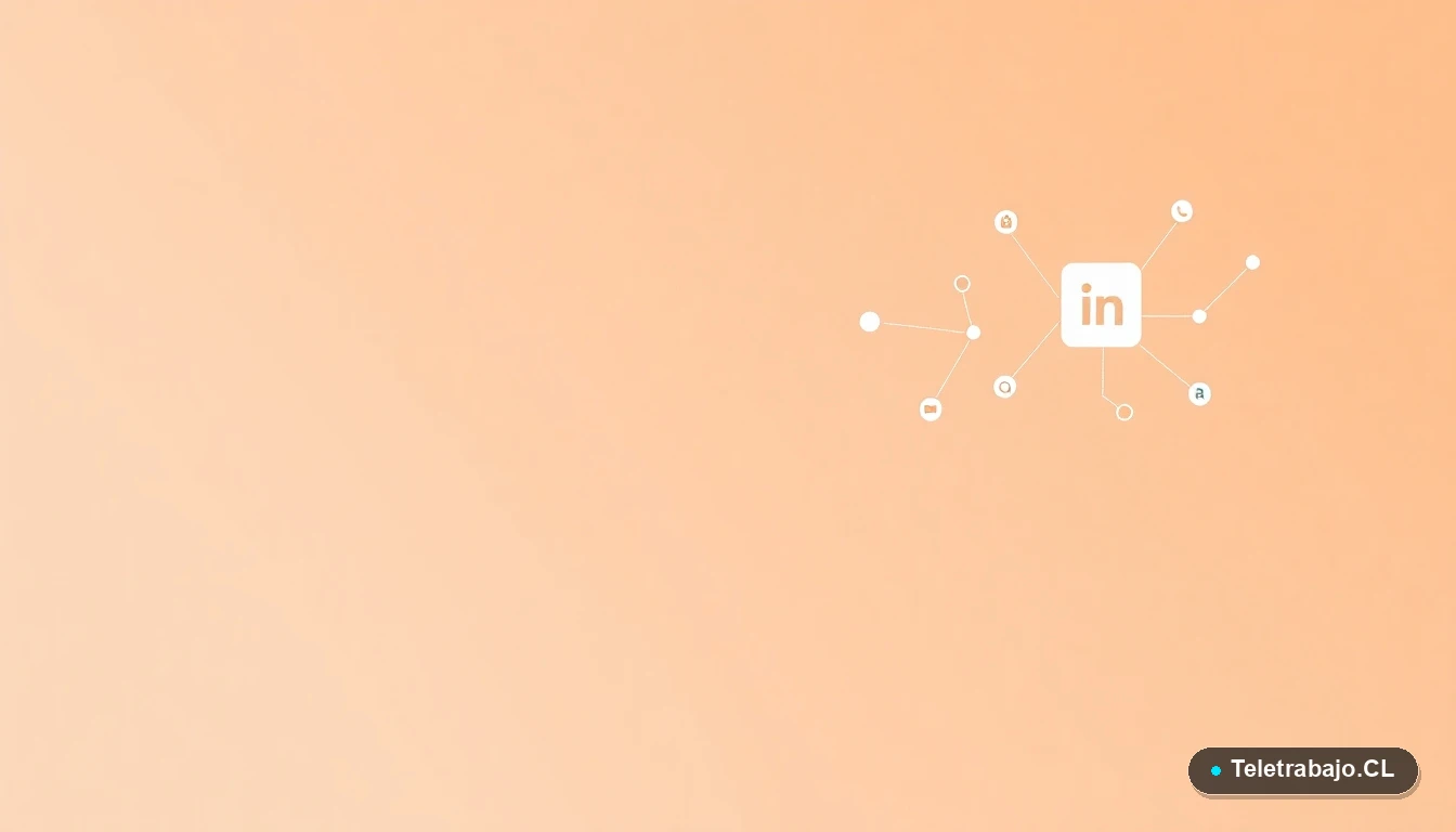 Ilustración de interfaz de usuario abstracta con gráficos flotantes e icono de LinkedIn, sobre fondo degradado melocotón.