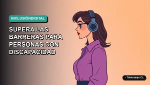 Ilustración vectorial plana moderna de una mujer profesional con discapacidad trabajando de forma remota en Chile, con fondo de gradiente suave.