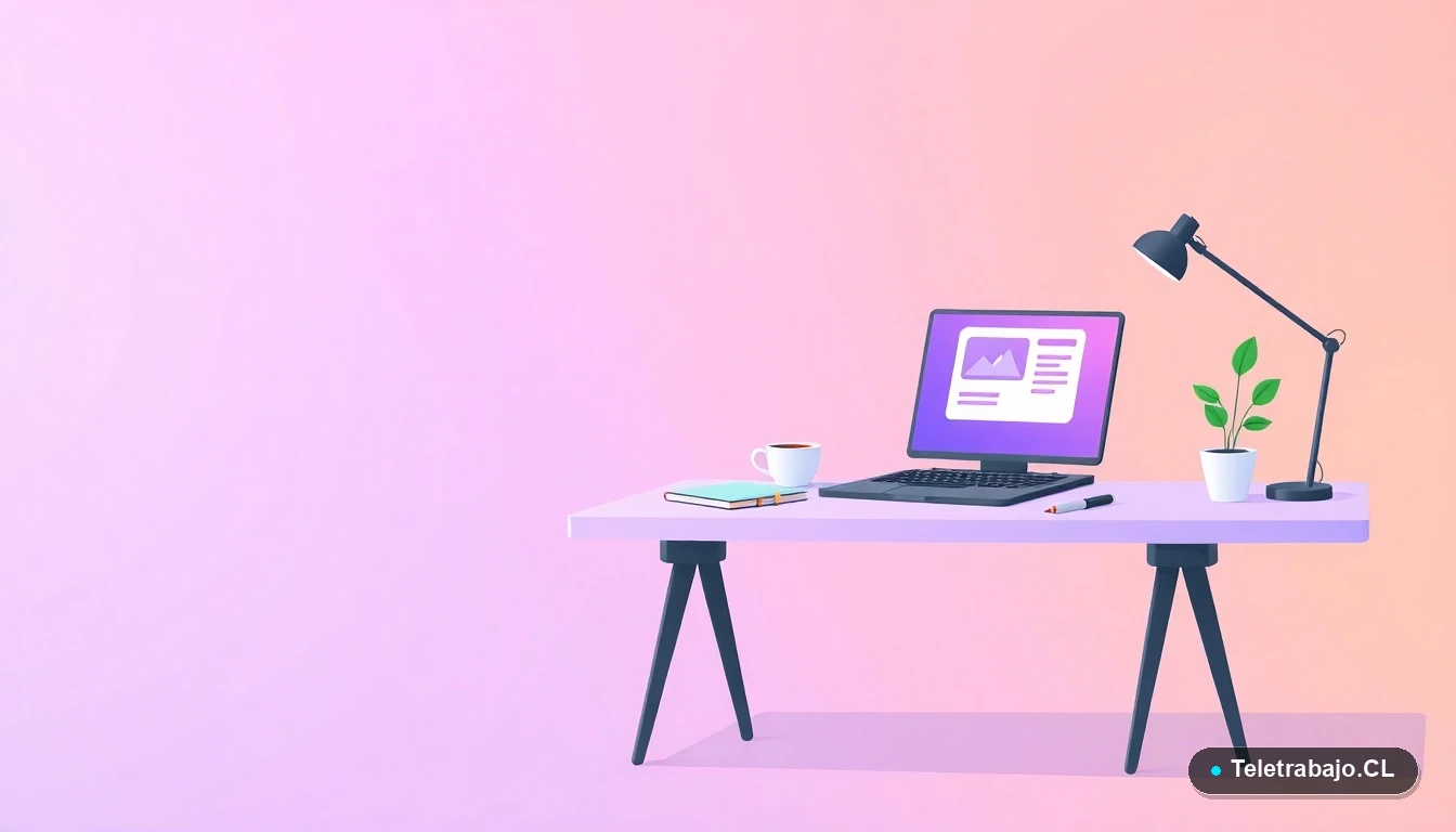 Escritorio moderno y accesible para teletrabajo en Chile, con laptop, elementos de oficina y fondo de gradiente lavanda.
