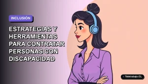 Ilustración plana corporativa de una mujer profesional con discapacidad trabajando de forma remota en Chile, sobre fondo degradado lavanda.