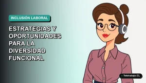 Ilustración vectorial plana de una mujer trabajando remotamente, con fondo degradado azul verdoso, representando la inclusión laboral en Chile.