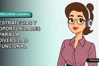 Ilustración vectorial plana de una mujer trabajando remotamente, con fondo degradado azul verdoso, representando la inclusión laboral en Chile.