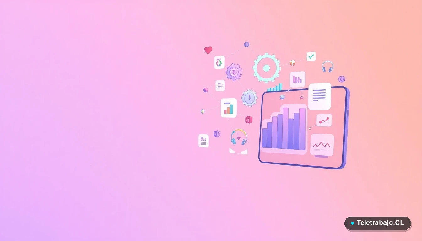 Elementos abstractos de interfaz de usuario tecnológica flotando, con gráficos y engranajes, sobre fondo degradado lila, simbolizando estrategias de inclusión digital.