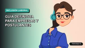 Ilustración plana corporativa de una mujer profesional chilena con blusa azul y anteojos, sobre un fondo degradado suave, representando la inclusión laboral en empresas tecnológicas.