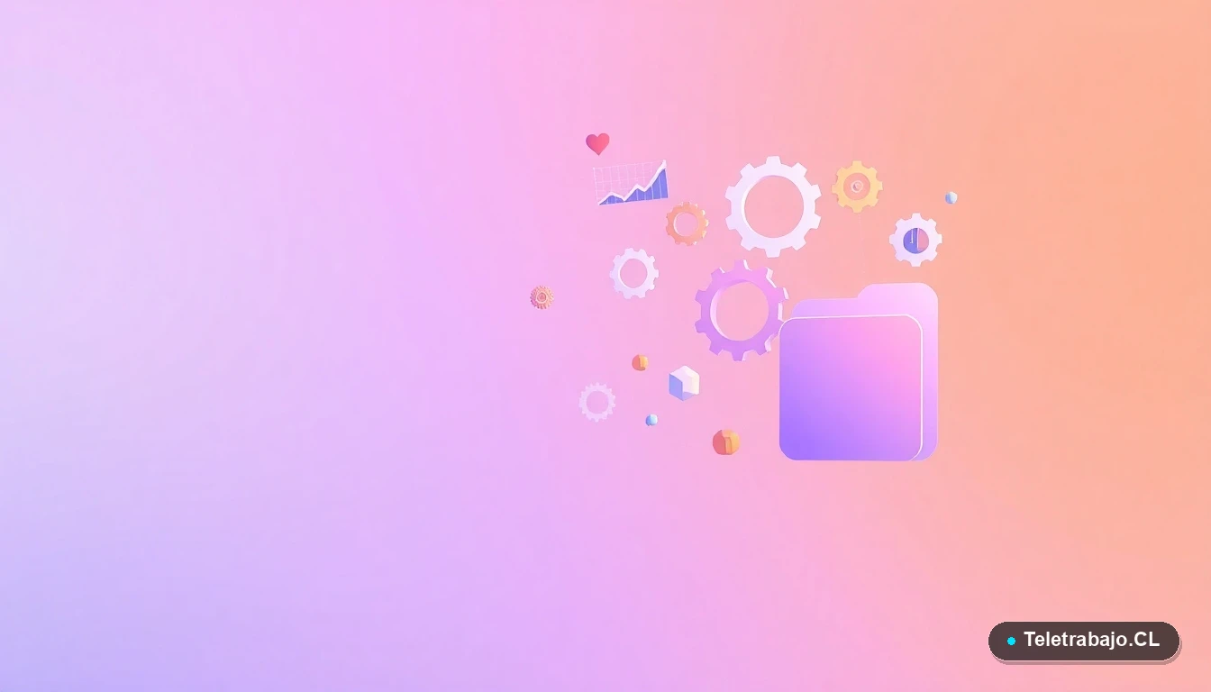 Composición abstracta de interfaz de usuario tecnológica con gráficos y engranajes flotantes, sobre fondo degradado lavanda, concepto de datos y procesos de inclusión laboral.