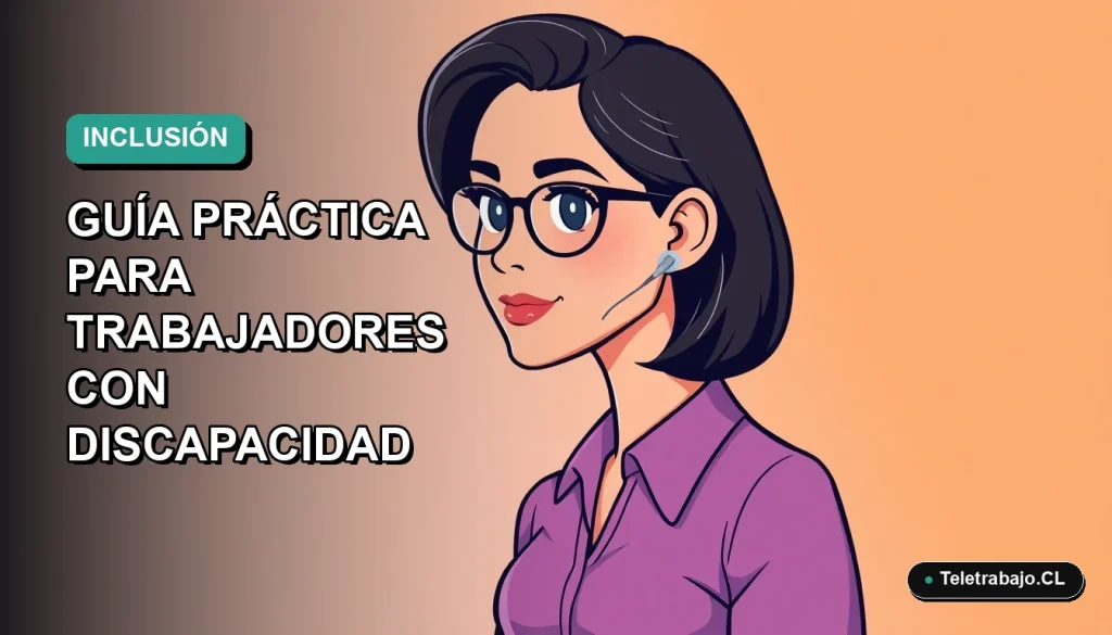 Ilustración plana de mujer profesional con discapacidad auditiva trabajando de forma remota en Chile, fondo con gradiente suave.