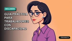 Ilustración plana de mujer profesional con discapacidad auditiva trabajando de forma remota en Chile, fondo con gradiente suave.