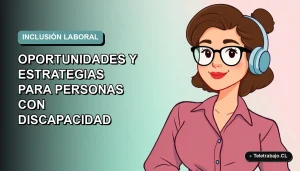 Ilustración plana corporativa de una mujer profesional con discapacidad trabajando de forma remota en Chile, fondo con gradiente suave de color verde azulado.