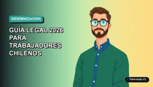 Ilustración vectorial plana de un trabajador chileno con camisa azul y suéter verde, sobre fondo degradado azul verdoso, concepto de indemnización por despido injustificado.