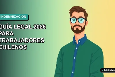 Ilustración vectorial plana de un trabajador chileno con camisa azul y suéter verde, sobre fondo degradado azul verdoso, concepto de indemnización por despido injustificado.