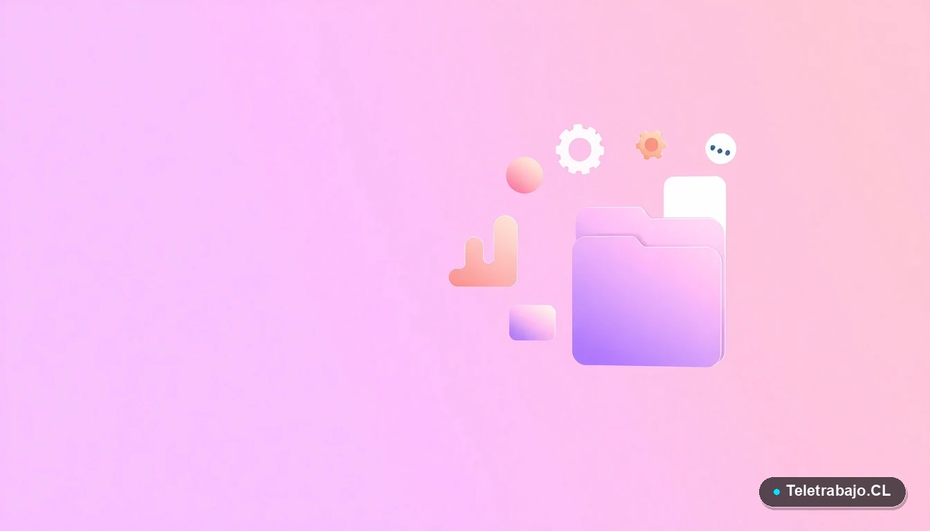 Composición abstracta de interfaz de usuario con gráficos flotantes y engranajes en tonos lavanda y durazno, concepto visual de procesos legales y laborales.