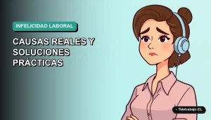 Ilustración vectorial plana estilo Corporate Memphis de una trabajadora remota chilena con expresión de cansancio, sobre un fondo degradado azul verdoso. Espacio negativo a la izquierda.