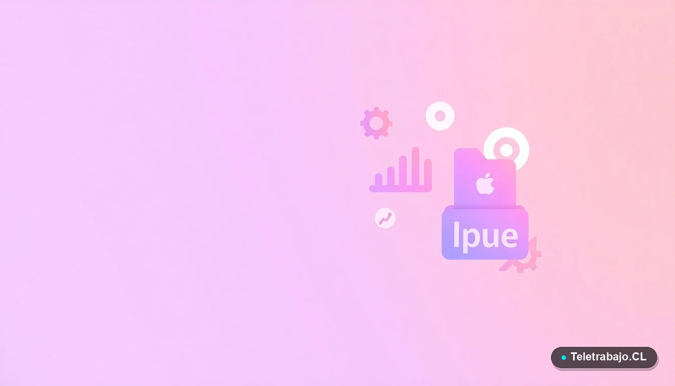 Composición abstracta de interfaz de usuario con gráficos flotantes, un engranaje y una carpeta minimalista en colores lavanda y durazno, sobre fondo degradado.