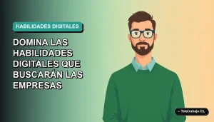 Ilustración plana vectorial de un hombre trabajador remoto con suéter verde, sobre fondo degradado azul verdoso. Representa el dominio de habilidades digitales para el informe Infoempleo Adecco 2026.