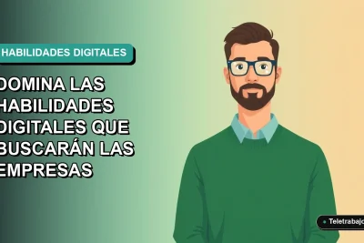 Ilustración plana vectorial de un hombre trabajador remoto con suéter verde, sobre fondo degradado azul verdoso. Representa el dominio de habilidades digitales para el informe Infoempleo Adecco 2026.