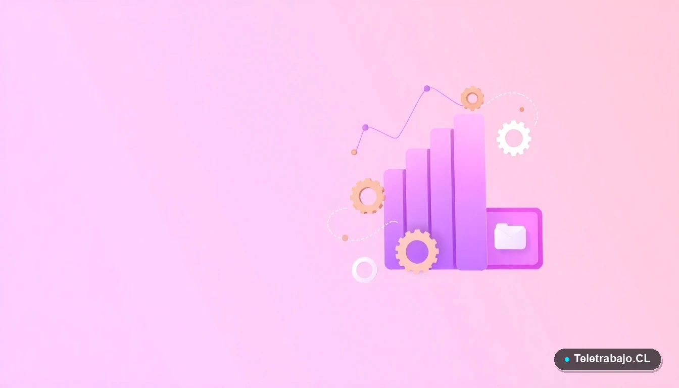 Composición abstracta de interfaz de usuario tecnológica con gráficos flotantes y engranajes estilizados, en tonos lavanda y durazno, sobre fondo degradado. Concepto visual de habilidades digitales para informe laboral.