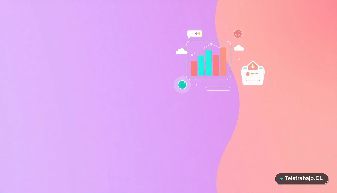 Interfaz de usuario abstracta con gráficos y iconos tecnológicos flotantes, en estilo ilustración plana, representando el análisis de datos del informe laboral chileno 2026.