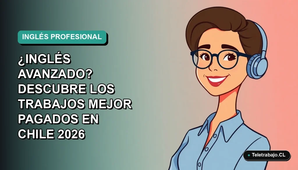 Ilustración vectorial plana de una mujer profesional chilena con blusa azul y lentes, representando trabajos remotos bien pagados para dominar el inglés avanzado en 2026. Fondo con degradado suave de azul a verde.