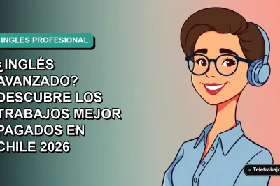 Ilustración vectorial plana de una mujer profesional chilena con blusa azul y lentes, representando trabajos remotos bien pagados para dominar el inglés avanzado en 2026. Fondo con degradado suave de azul a verde.