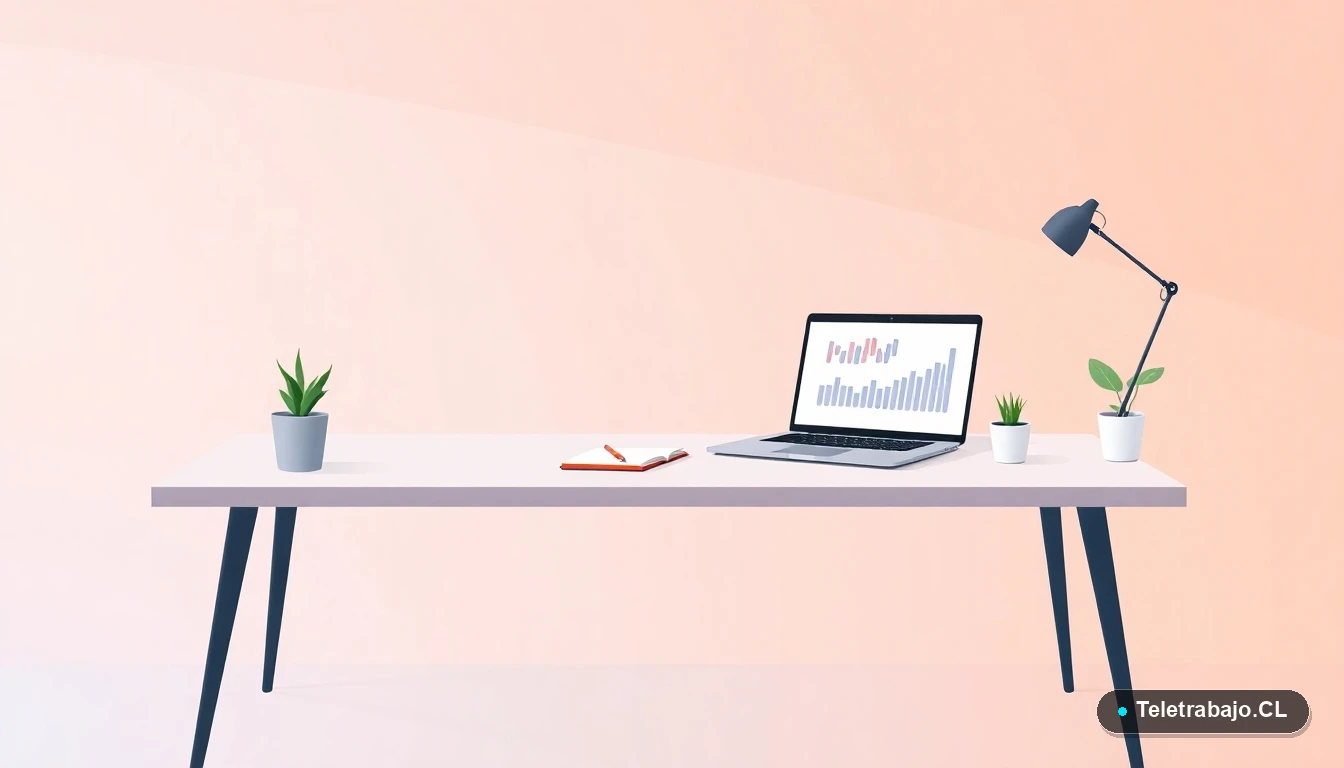 Escritorio moderno minimalista con laptop, gráficos abstractos, taza de café y planta, representando el entorno de trabajo remoto y profesional para carreras bien remuneradas en Chile.