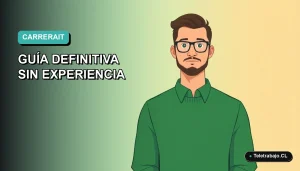 Ilustración vectorial plana de un hombre profesional de tecnología trabajando de forma remota en Chile, con fondo degradado azul verdoso.