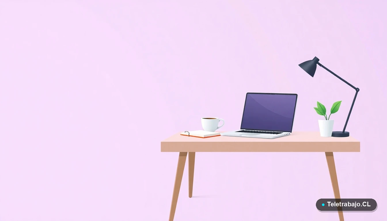 Escritorio moderno y minimalista para trabajo remoto en tecnología, con laptop, cuaderno y planta, estilo ilustración vectorial plana.