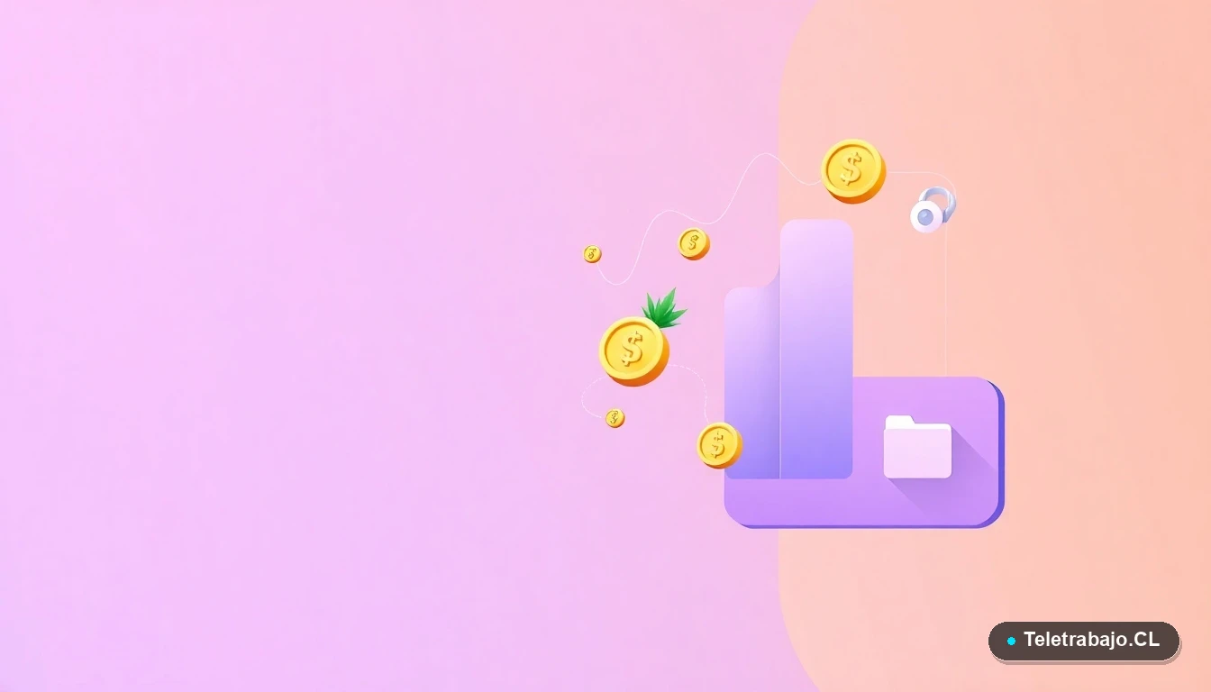 Composición abstracta de interfaz de usuario con gráficos en ascenso, monedas y carpetas flotantes, simbolizando crecimiento de ingresos automáticos y gestión digital, fondo degradado lavanda.