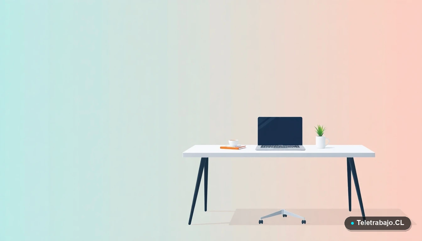 Escritorio moderno vacío con laptop, café y planta, en estilo ilustración vectorial plana sobre fondo degradado teal. Concepto de espacio de trabajo digital listo para la capacitación.